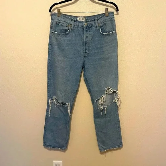 AGOLDE Riley Distressed Jeans Light Wash Denim Size 30 Button Fly - Picture 1 of 8